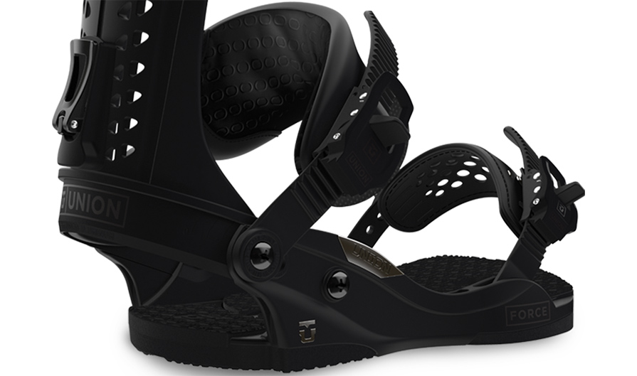 Union Force Snowboard Bindings in Black in listing close up