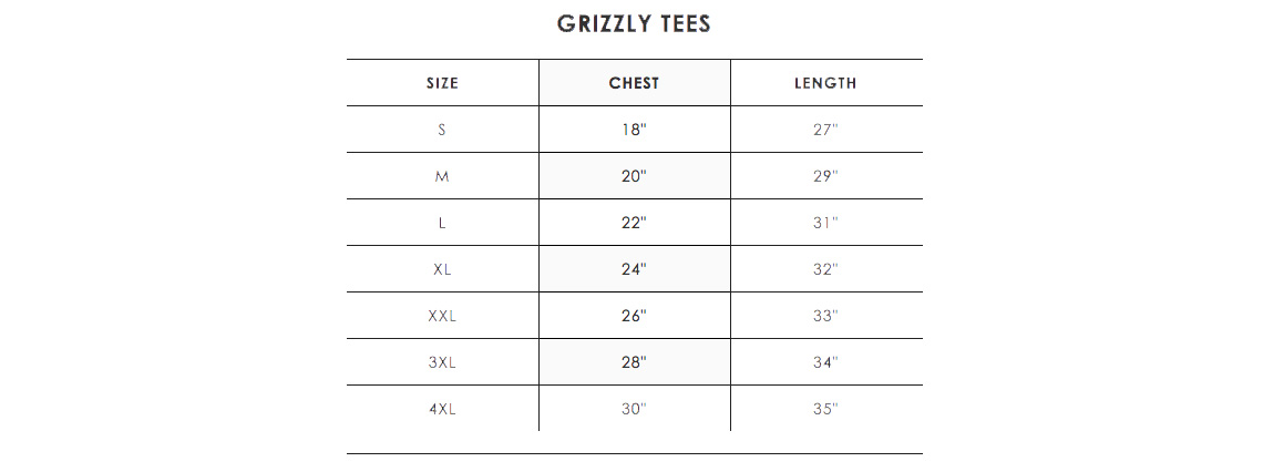Grizzly Size Chart