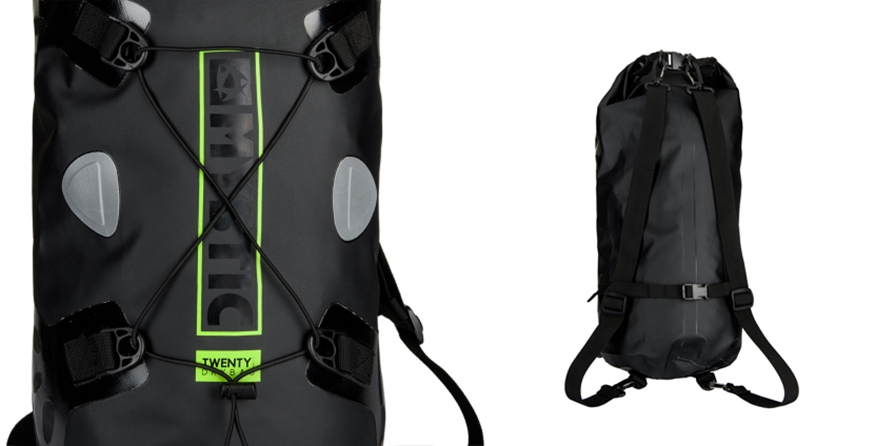 Mystic 20L SUP Dry Bag in listing close ups front and back