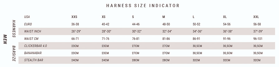 Mystic Harness Size guide 2019