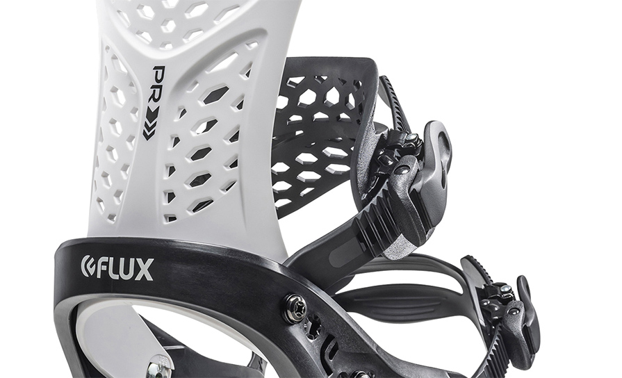 Flux PR White Black Snowboard Bindings in listing close up