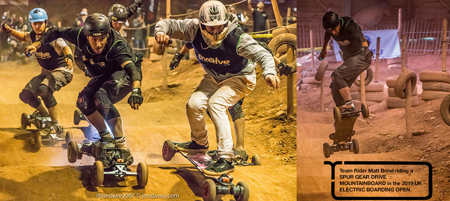 Trampa Team racing on the pro spur drive electric mountainboard