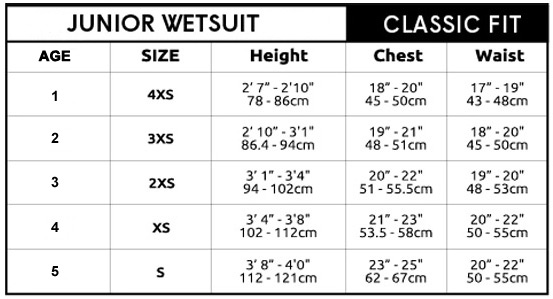 C-Skins C-Kid Shorty Wetsuit Size Chart