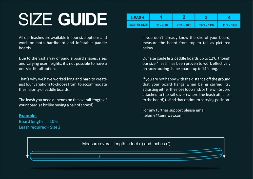 ESea Waist Leash with Quick Release and Board Carry Size Guide