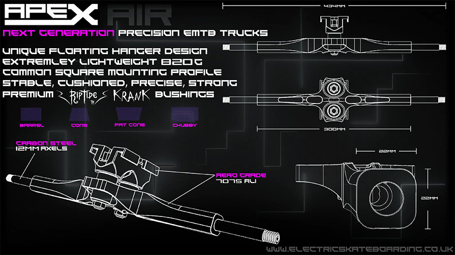 Apex Air eMTB Truck Specification and sizes graphic