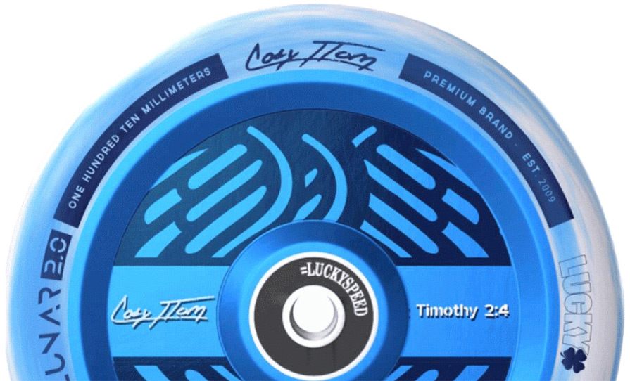 Lucky	Cody Flom V4 110mm Scooter Wheel Blue White Swirl in listing close up