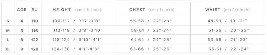 Mystic Star Kids Wetsuit Size Chart