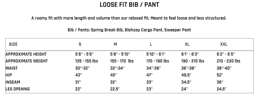 Thirty Two Blahzy Pants Size Guide