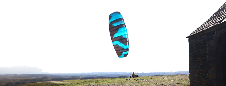 Peter Lynn Twister four lone fixed bridled high aspect power kite in use with kite buggy