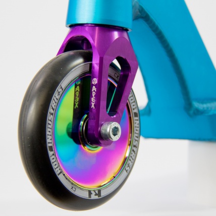Apex Kraken Custom Pro Scooter Blue Purple and Chrome front wheel